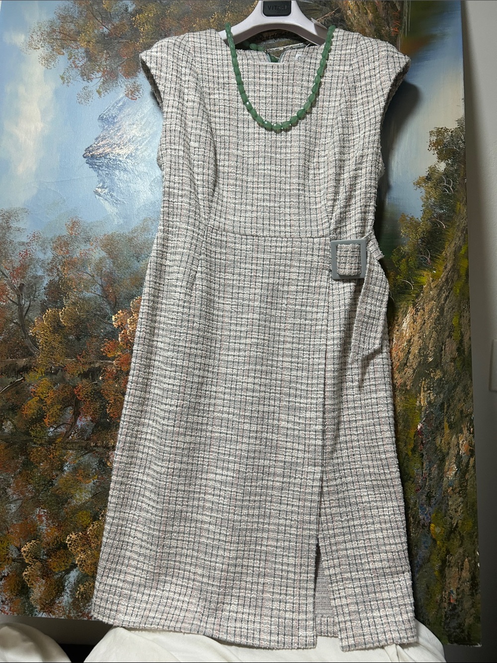 CALVIN KLEIN Cream and Gray Tweed Midi Sheath Dress.